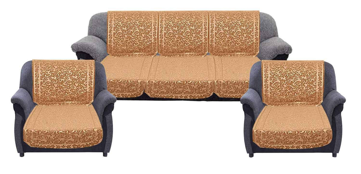 Kuber Industries Leaf Design 6 Piece Velvet 5 Seater Sofa Cover Set - Gold