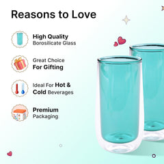 Kuber Industries 2 Pcs Double Walled Borosilicate Glass | High Thermal Resistance | Microwave & Dishwasher Safe | 240 ML | Pack of 1 | Green