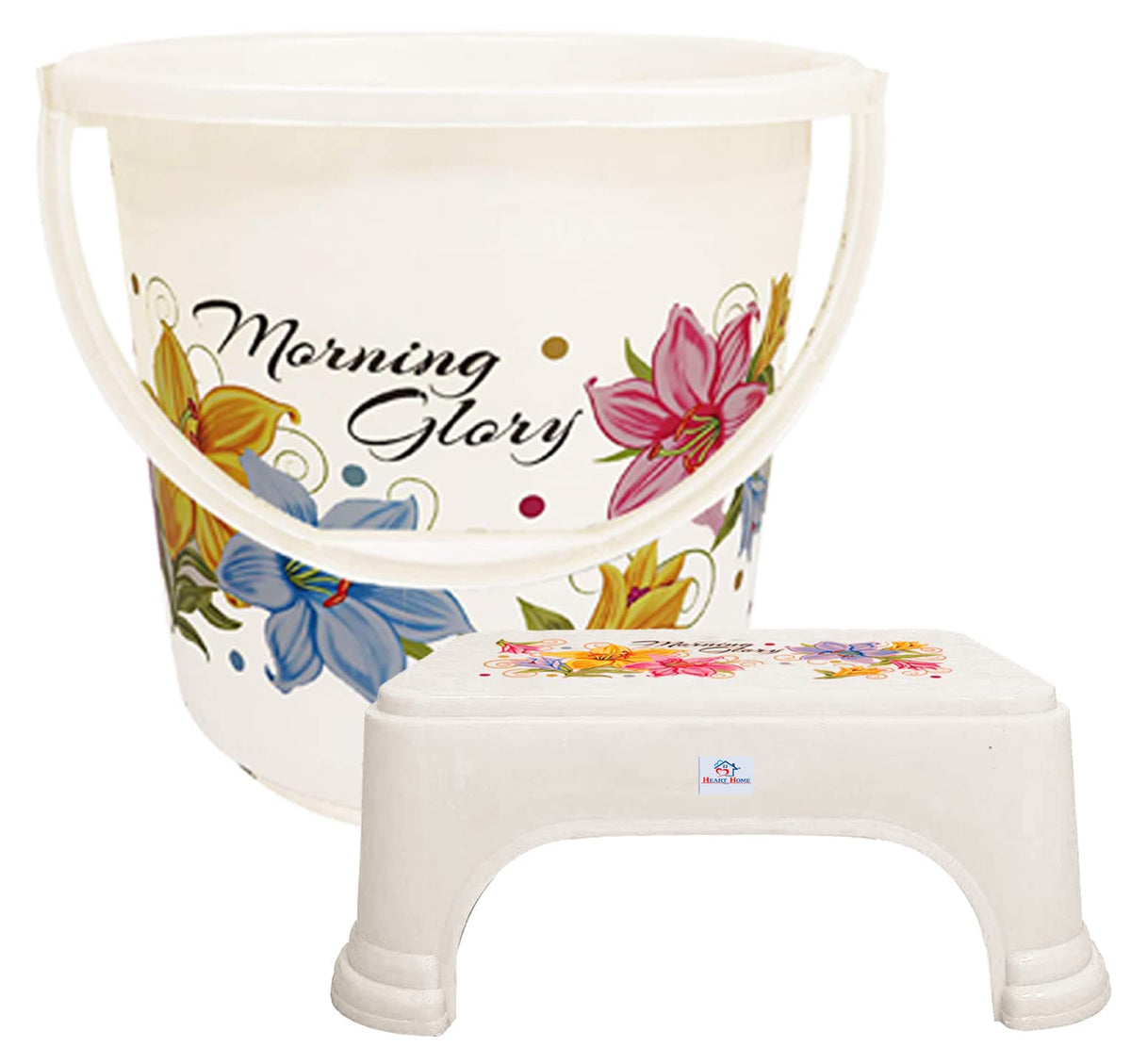 Heart Home Printed 2 Pieces Unbreakable Virgin Plastic Multipurpose Bucket & Stool Set (White)