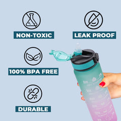 Kuber Industries Motivational Water Bottle with Time Marker | Sipper Water Bottle for Kids & Adults with Straw | for Gym, Home, Office & School | Green Purple -1 L (Pack of 6)