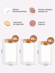 Kuber Industries Borosilicate Glass Jar with Printed Bamboo Lid | Multi-utility | Leakproof | Airtight Jar for Cookies, Snacks, Tea, Coffee, Sugar | Pack of 3 (300ml, 600ml, 1000ml)