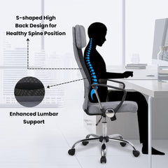 Kuber Industries Ergonomic Office Chairs for Work From Home | Comes with Manual Height Adjustable, Armrest, Headrest & 2D Lumbar Support | Comfy Study Chair for Students with Wheels | Grey | MC10-GY