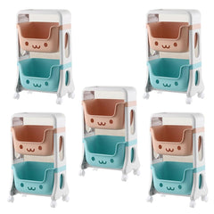 Kuber Industries 2 Layer Smiley Design Children's Storage Rack|Kids Toy Storage Organizer|2-Layer Rolling Cart|Pack of 5|Multicolor|
