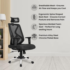 Kuber Industries Ergonomic Office Chairs for Work From Home | Comes with Manual Height Adjustable, Armrest, Headrest & 2D Lumbar Support | Comfy Study Chair for Students with Wheels | Black