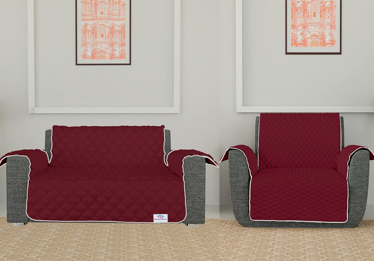 Heart Home Both Sided 2+1 Seater Sofa Cover|Polyester Check Design Couch Cover|Non-Slip Stretchy Sofa Slipcovers (Maroon & Gray)