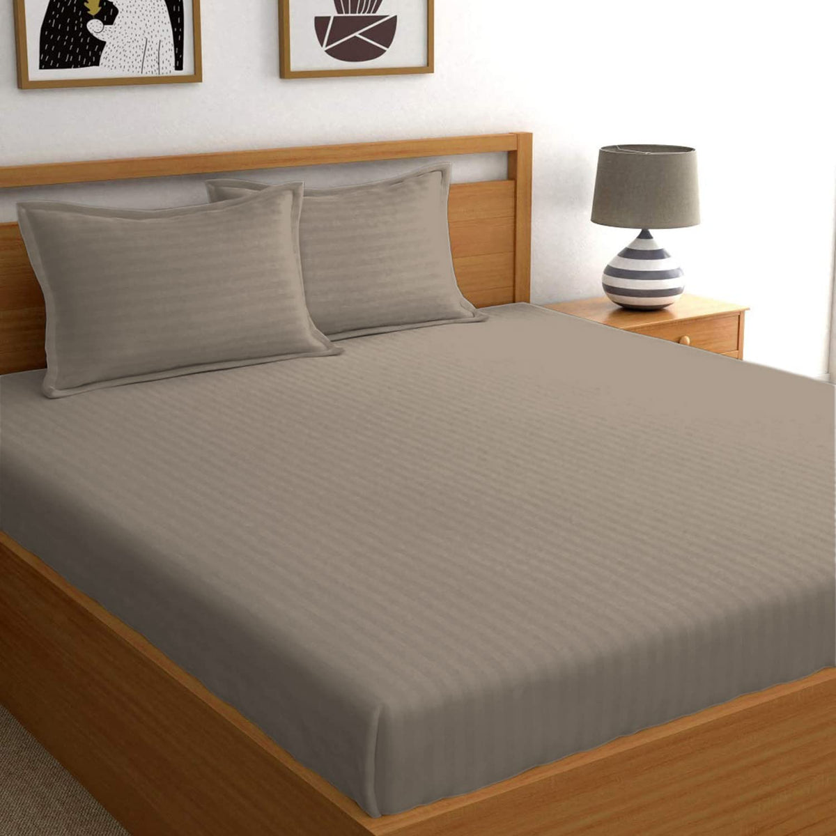 Heart Home Lining Design Cotton Double Bedsheet with 2 Pillow Covers, 90"x100" (Brown)-50HH01935