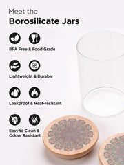 Kuber Industries Borosilicate Glass Jar with Printed Bamboo Lid|Kitchen Organizer Items and Storage|Multi-utility, Leakproof, Airtight Storage Jar for Cookies,Snacks,Tea,Coffee,Sugar|Pack of 4(600ml)