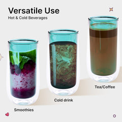 Heart Home 2 Pcs Double Walled Glasses | Borosilicate Glass Tumblers for Water | High Heet Resistance | Microwave & Dishwasher Safe | Juice Glasse | 250 ML | Pack of 1 | Green