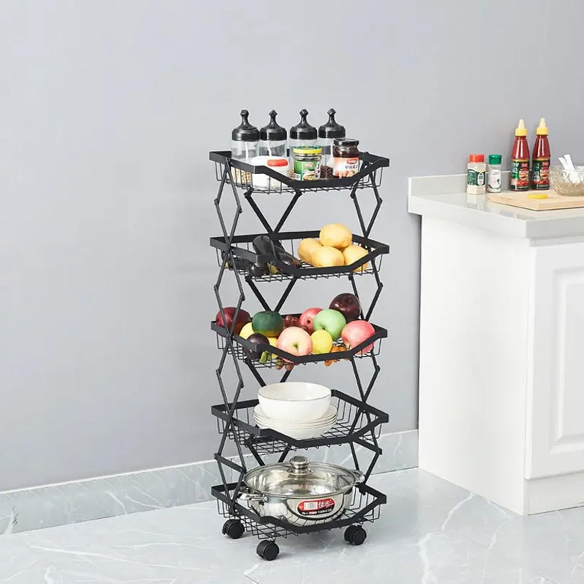 Kuber Industries 5-Layer Collapsible Kitchen Rack|Multipurpose Storage Basket|360-Degree Rotable Kitchen Trolley|Fruit Basket (Black)