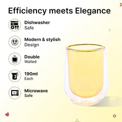 Kuber Industries 2 Pcs Double Walled Borosilicate Glass | High Thermal Resistance | Microwave & Dishwasher Safe | 190 ML | Pack of 1 | Yellow