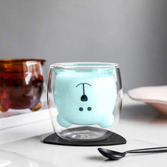 Kuber Industries Pack of 2 Cute Teddy Bear Cups | Heat Resistant |Borosilicate Double Wall Glass Cups | Scratch Proof | 250 ML | Blue