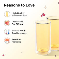Kuber Industries 10 Pcs Double Walled Glasses | Borosilicate Glass Tumblers for Water | High Heet Resistance | Microwave & Dishwasher Safe | Juice Glasse | 250 ML | Pack of 5 | Yellow