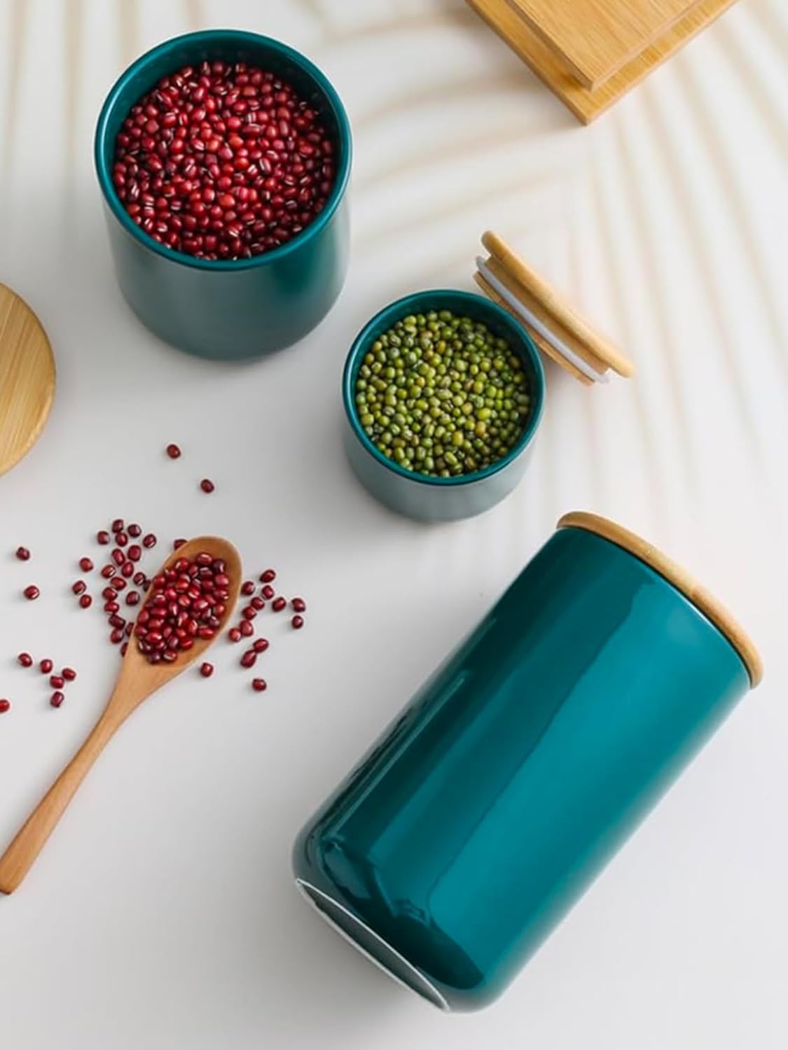 Kuber Industries 1000ml Ceramic Jar for Kitchen Storage | Air Tight Containerwith Bamboo Lid | Kitchen Container for Snacks, Tea, Sugar | Multipurpose Organizer | Teal | Pack of 2