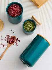 Kuber Industries 1000ml Ceramic Jar for Kitchen Storage | Air Tight Containerwith Bamboo Lid | Kitchen Container for Snacks, Tea, Sugar | Multipurpose Organizer | Teal | Pack of 2