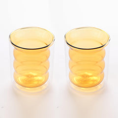Urbane Home 2 Pcs Waved Shape Glasses | Double Walled Borosilicate Glass | High Thermal Resistance | Microwave & Dishwasher Safe | 200 ML | Pack of 1 | Yellow
