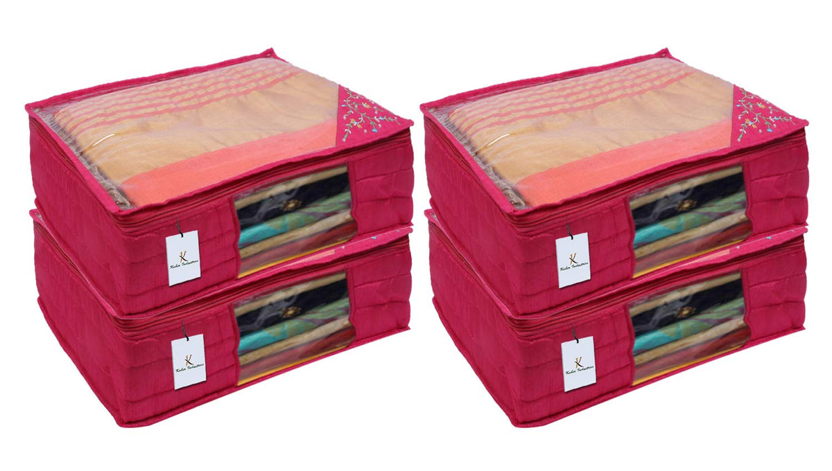 Kuber Industries 3 Layered Quilted Silk 4 Pieces Saree Cover (Pink) -CTLTC10630