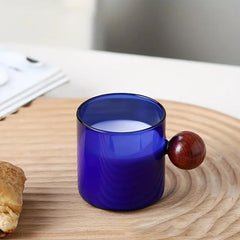 Kuber Industries 2 Pcs Borosilicate Glass Coffee Cups | Cup with Wooden Ball Handle | High Heat Resistant | Microwave and Dishwasher Safe | 120 ML | Pack of 1 | Blue