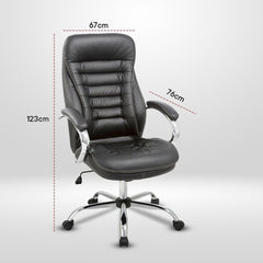 Kuber Industries Leather Office Chairs for Work From Home | Comes with Manual Height Adjustable, Armrest, Headrest & Lumbar Support | Comfy Study Chair for Students with Wheels | Black | SAVOC115BLK