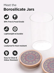 Urbane Home Borosilicate Glass Jar with Printed Bamboo Lid|Kitchen Organizer Items and Storage|Multi-utility, Leakproof, Airtight Storage Jar for Cookies,Snacks,Tea,Coffee,Sugar|Pack of 6(1000ml)
