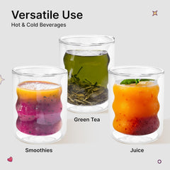 Kuber Industries 6 Pcs Waved Shape Glasses | Double Walled Borosilicate Glass | High Thermal Resistance | Microwave & Dishwasher Safe | 200 ML | Pack of 3 | Transparent