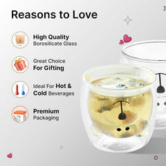 Urbane Home 2 Pcs Cute Teddy Bear Cups | Borosilicate Double Wall Glass Cups | Microwave Safe | Heat Resistant | Scratch Proof | 250 ML | Pack of 1 | Transparent