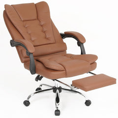 Kuber Industries Leather Office Chairs for Work From Home | Comes with Manual Height Adjustable, Armrest, Headrest & Lumbar Support | Comfy Chair for Students with Wheels & Footrest | Brown | 809M-BRN