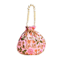 Heart Home Potli|Silk Wedding Potli|Christmas Gift Potli|Baby Shower Potli|Traditional Shagun Potli|Drawstring with Beads Handle Potli|New Flower Embroidery Potli|Pink