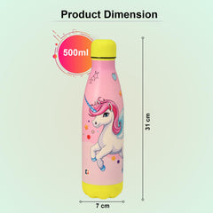 Kuber Industries 500 ml Water Bottle with 2 Lids | Unicorn Rainbow | Stainless Steel Bottle for Travel-Gym & Sports | BPA-Free Insulated Sipper Bottle for Adults & Kids with Straw | Pink | Pack of 3