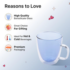 Kuber Industries 4 Pcs Glass Coffee Mugs | Borosilicate Double Walled Glass Mug | High Heat Resistant | Microwave and Dishwasher Safe | 400 ML | Pack of 2 | Blue
