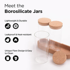 Urbane Home Borosilicate Glass Jars for Kitchen with Cork Lid and Cork Tray | Kitchen Containers Set | Pack of 3 | 700ml | Airtight Glass Containers with lid | Multipurpose | Transparent