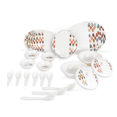 Kuber Industries 32 Pieces Round Melamine Microwave & Dishwasher Safe Dinnerware Kitchen Crockery Set | Glossy Dinner Sets & Kitchen Set for Home | Stylon Leaf Dots - White