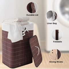 Kuber Industries Bamboo Basket With Lid|Foldable Laundry Basket For Clothes|Durable Rope Handles & Removable Bag|Dark Brown| (Pack Of 6)