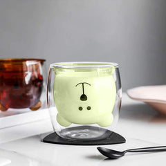 Heart Home 2 Pcs Cute Teddy Bear Cups | Borosilicate Double Wall Glass Cups | Microwave Safe | Heat Resistant | Scratch Proof | 250 ML | Pack of 1 | Green