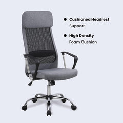 Kuber Industries Ergonomic Office Chairs for Work From Home | Comes with Manual Height Adjustable, Armrest, Headrest & 2D Lumbar Support | Comfy Study Chair for Students with Wheels | Grey | MC10-GY