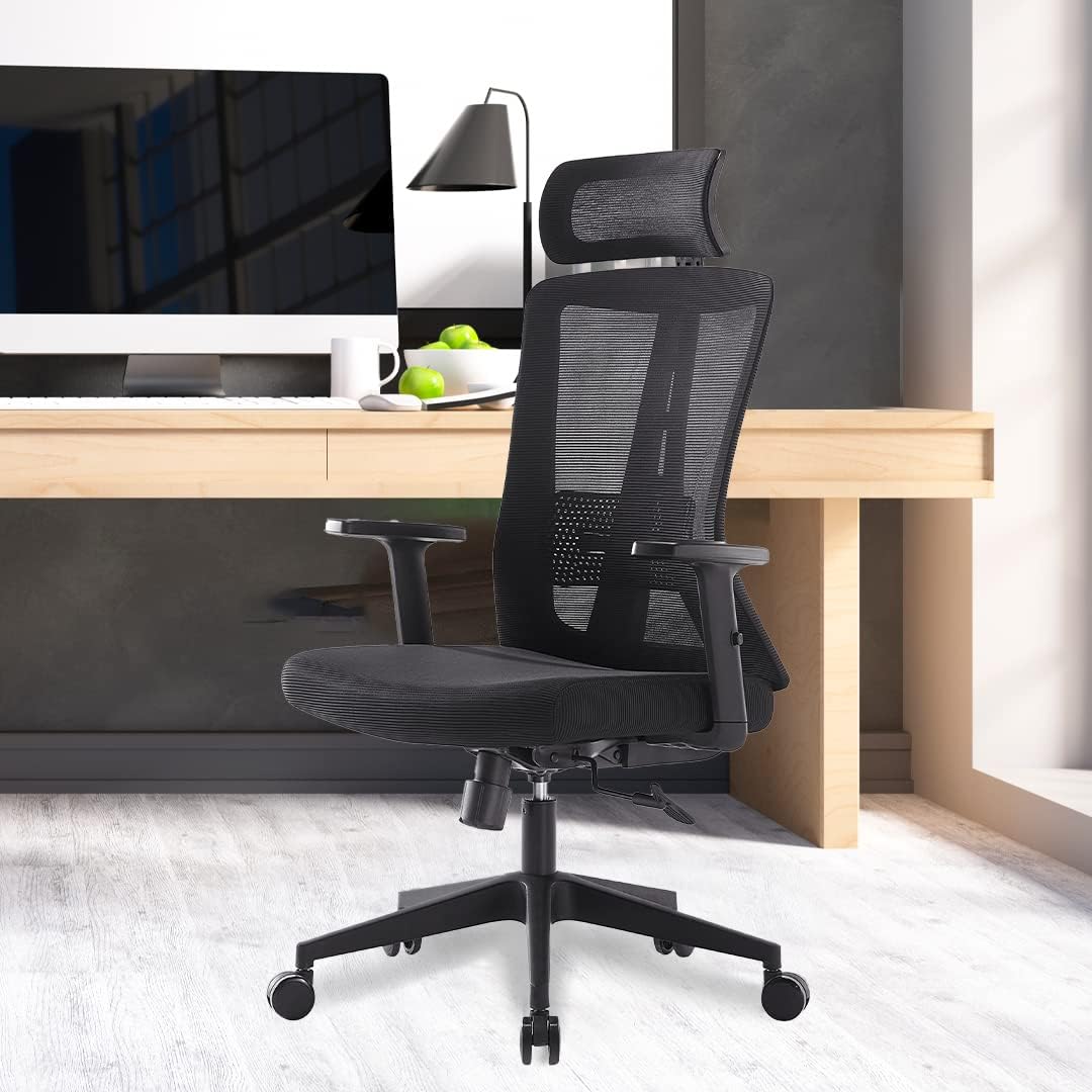 Kuber Industries Ergonomic Office Chairs for Work From Home | Comes with Manual Height Adjustable, Armrest, Headrest & Lumbar Support | Comfy Study Chair for Students with Wheels | Black | 1528A-BLK