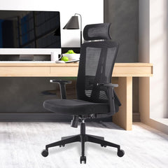 Kuber Industries Ergonomic Office Chairs for Work From Home | Comes with Manual Height Adjustable, Armrest, Headrest & Lumbar Support | Comfy Study Chair for Students with Wheels | Black | 1528A-BLK