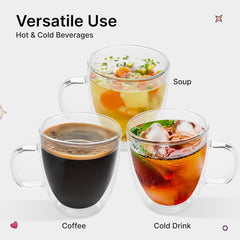 Kuber Industries 6 Pcs Glass Coffee Mugs | Borosilicate Double Walled Glass Mug | High Heat Resistant | Microwave and Dishwasher Safe | 400 ML | Pack of 3 | Transparent