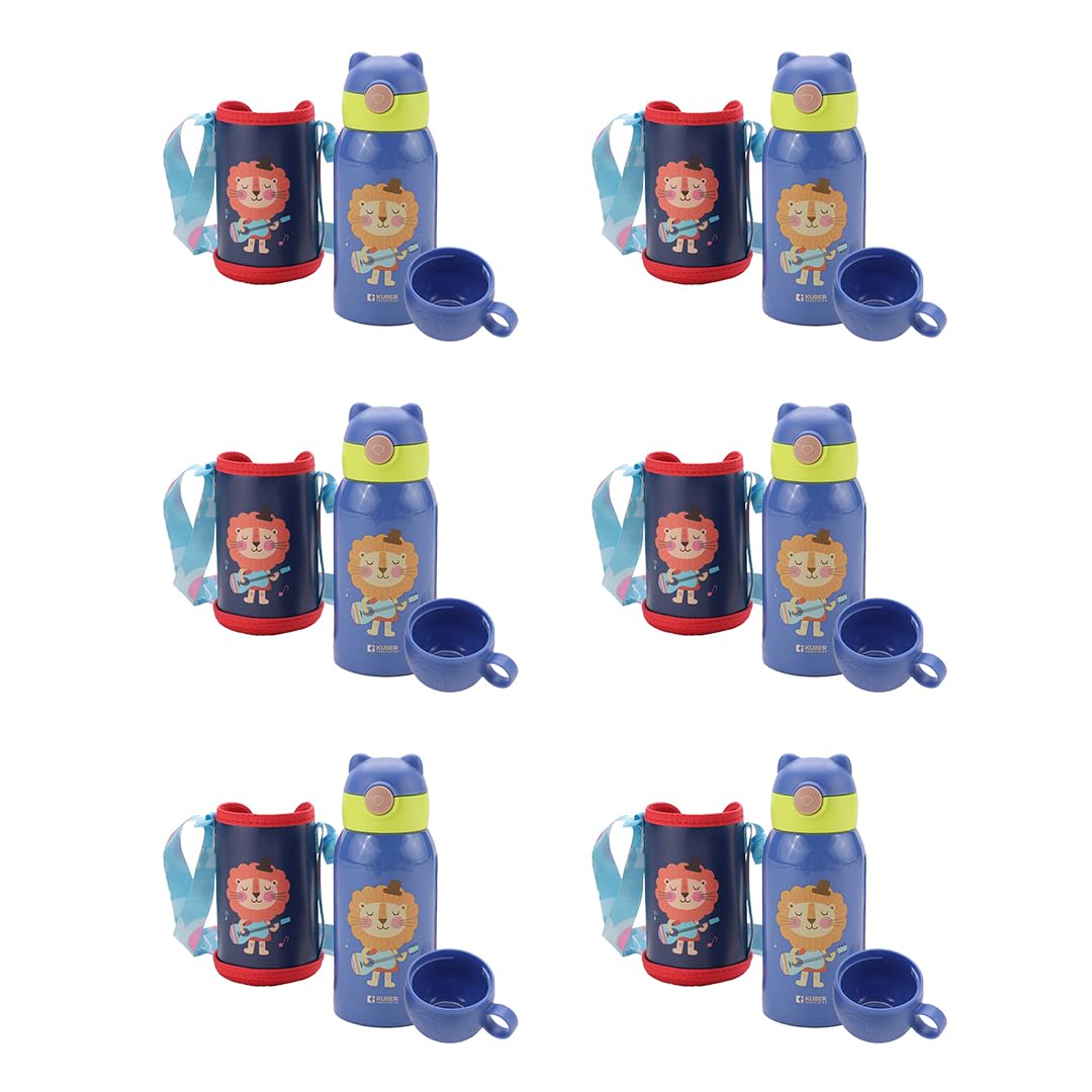 Kuber Industries Water Bottle for Kids|Stainless Steel Flask with Straw, Cup & Fabric Cover|Sipper Bottle for Kids|Food Grade Plastic Lid|Broad Fabric Strap|Leak Proof, BPA Free|500 ml (Pack of 6)
