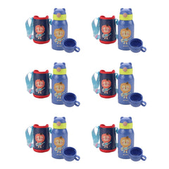 Kuber Industries Water Bottle for Kids|Stainless Steel Flask with Straw, Cup & Fabric Cover|Sipper Bottle for Kids|Food Grade Plastic Lid|Broad Fabric Strap|Leak Proof, BPA Free|500 ml (Pack of 6)