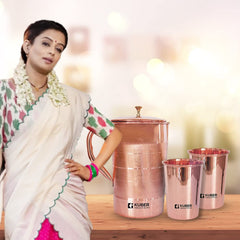Kuber Industries Pure Copper Jug and Glass Set | BPA Free, Non Toxic, Rustproof, Durable, Lightweight | Jug with Lid| 2pcs Glass Set | Jug- 1.5L, Glass- 300ml Each