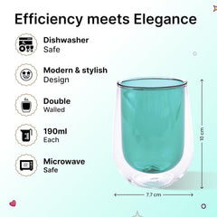 Kuber Industries 2 Pcs Double Walled Borosilicate Glass | High Thermal Resistance | Microwave & Dishwasher Safe | 190 ML | Pack of 1 | Green