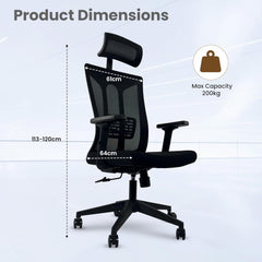 Kuber Industries Ergonomic Office Chairs for Work From Home | Comes with Manual Height Adjustable, Armrest, Headrest & 2D Lumbar Support | Comfy Study Chair for Students with Wheels | Black | 1547A