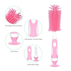 Kuber Industries Bottle Brush | Long Handle Bottle Brush | Silicone Bottle Cleaner Brush Set | Baby Feeding Bottle Cleaning Brush | Nipple Cleaner with Suction Base | Pink