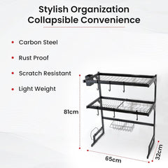 Kuber Industries 2-Layer Dish Drying Rack|Storage Rack for Kitchen Counter|Drainboard & Cutting Board Holder|Premium Utensils Basket (Black)