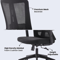Kuber Industries Ergonomic Office Chairs for Work From Home | Comes with Manual Height Adjustable, Armrest, Headrest & Lumbar Support | Comfy Study Chair for Students with Wheels | Black | 1528A-BLK