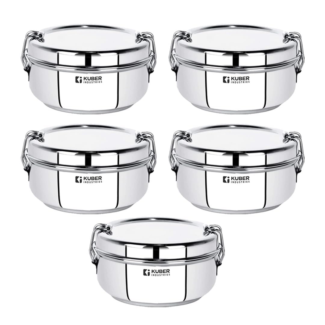 Kuber Industries Pack of 5 Stainless Steel Food Pack Lunch Box with Steel Separator Plate and Locking Clip, 1 Pc-400 ml Capacity