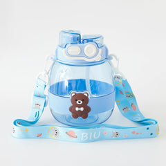 Kuber Industries Kids Pack of 2 Water Bottle With Straw |Cute Teddy Bear Sipper Water Bottle For Kids Boys Girls| Water Bottle with Locking Flip Lid | 1000 ML | Blue | SYZ-7730C
