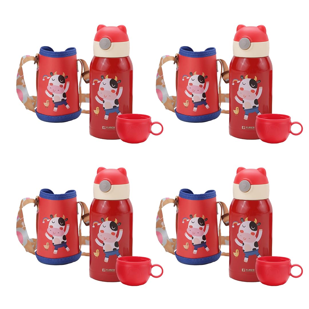 Kuber Industries Water Bottle for Kids | Mooh Design Stainless Steel Flask with Straw, Cup & Fabric Cover | Food Grade Plastic Lid | Broad Fabric Strap | Leak Proof, BPA Free | 500 ml (Pack of 4)