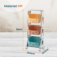 Kuber Industries 3 Layer Smiley Design Children's Storage Rack|Kids Toy Storage Organizer|3-Layer Rolling Cart|Pack of 3|Multicolor|