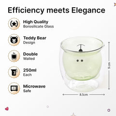 Heart Home 2 Pcs Cute Teddy Bear Cups | Borosilicate Double Wall Glass Cups | Microwave Safe | Heat Resistant | Scratch Proof | 250 ML | Pack of 1 | Green